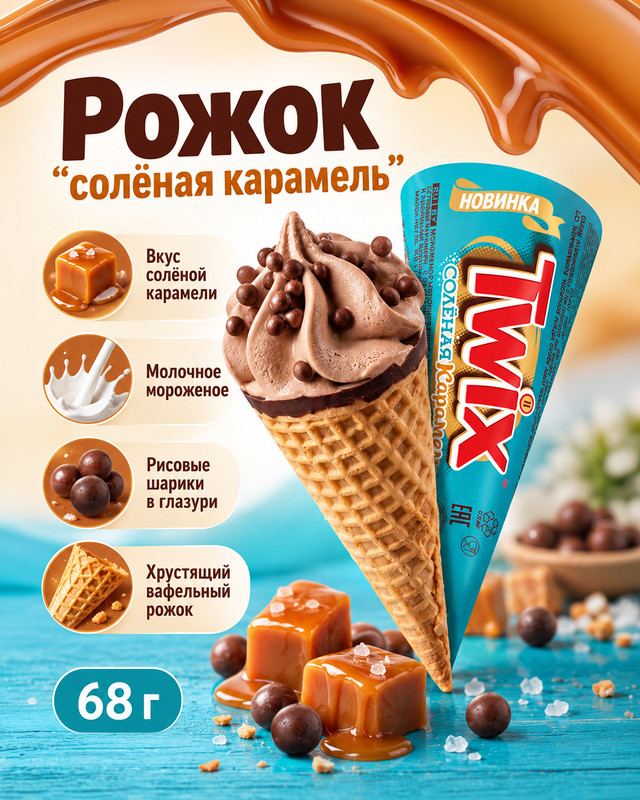 Мороженое-рожок «Солёная карамель», TWIX, 68 г