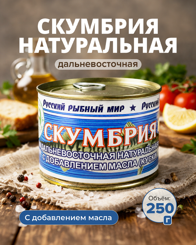 Скумбрия натуральная дальневосточная, Русский Рыбный Мир, 250 г