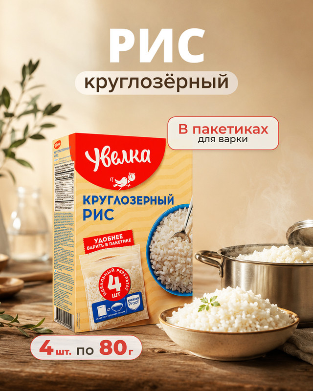 Круглозёрный рис, Увелка, в пакетиках для варки, 4х80 г