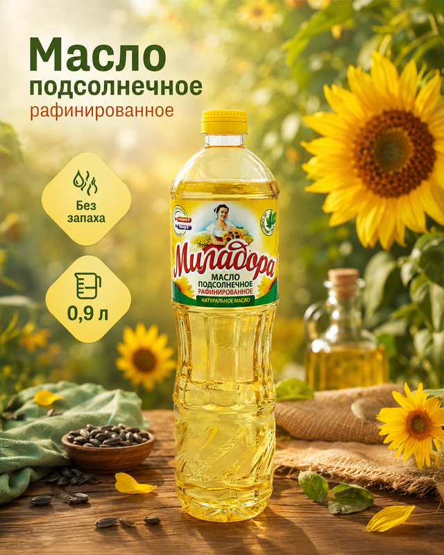Масло подсолнечное рафинированное, Миладора, 0,9 л