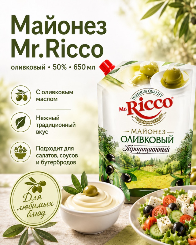 Майонез «Традиционный», Mr.Ricco, оливковый, 50%, 650 мл