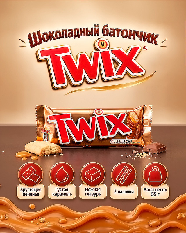 Батончик шоколадный, Twix, 55 г
