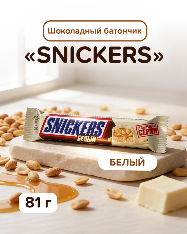 Шоколадный батончик, Snickers, белый шоколад, 81 г