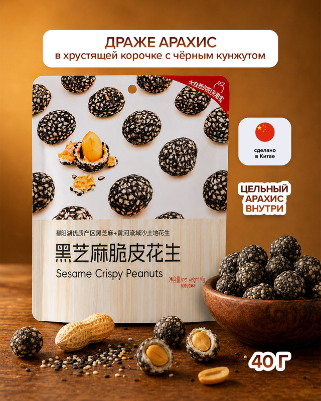 Драже арахис в хрустящей корочке с чёрным кунжутом, 40 г