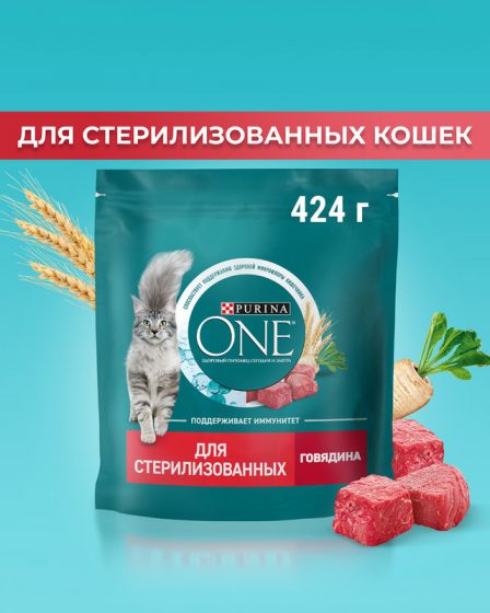 Сухой корм для стерилизованных кошек и кастрированных котов, PURINA ONE, с говядиной, 424 г