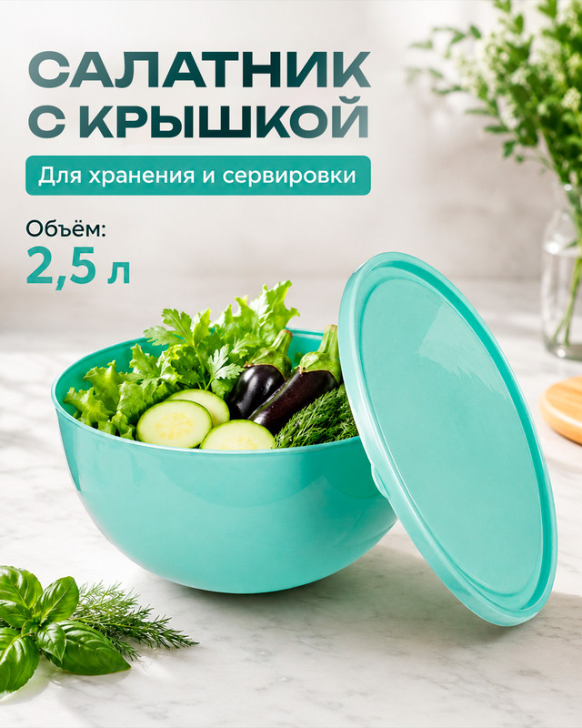 Салатник с крышкой, Plast Team, 2,5 л, в ассортименте