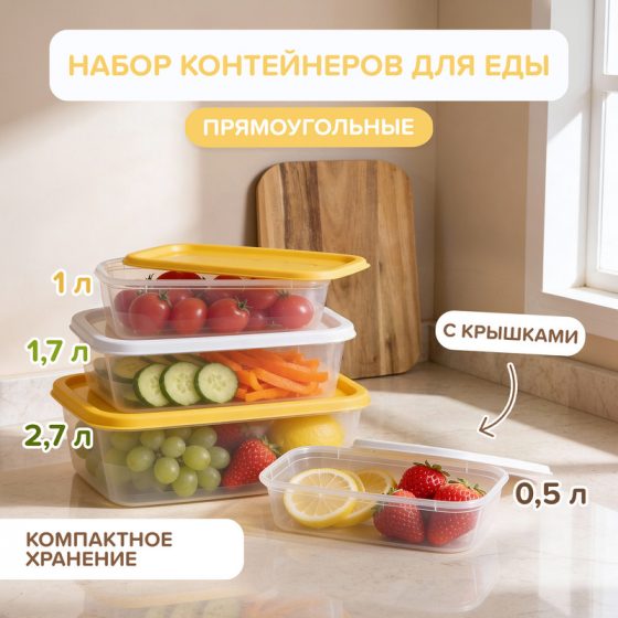 Набор контейнеров прямоугольных, FunCook, 4 шт.