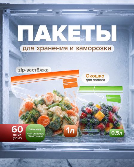 Пакеты для хранения и заморозки, BonHome, 30 шт. х 1 л, 30 шт. х 0,5 л