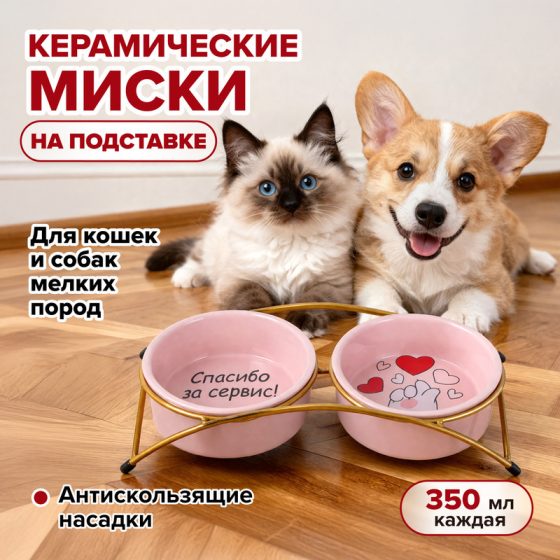 Набор керамических мисок на подставке, Pet Club, в ассортименте