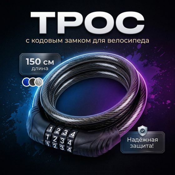 Трос с кодовым замком для велосипеда, Top Race, 150 см, в ассортименте
