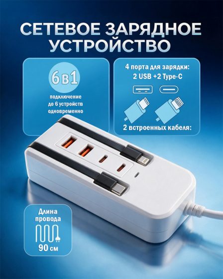 Сетевое зарядное устройство 220 В, 6 в 1