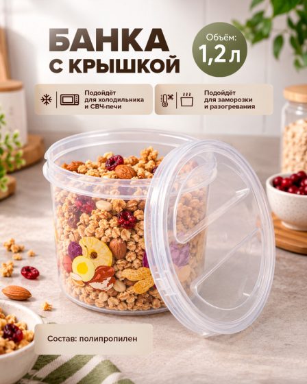 Банка с крышкой, Phibo, 1,2 л, в ассортименте