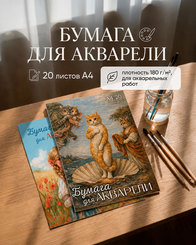 Бумага для акварели, 20 листов, в ассортименте