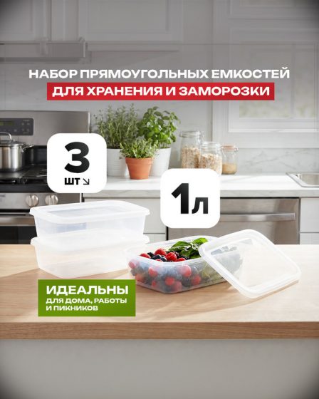 Набор прямоугольных ёмкостей для хранения и заморозки, FunCook, 1 л, 3 шт.