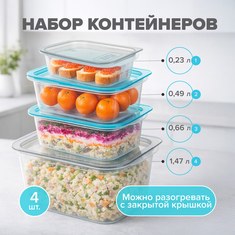 Набор контейнеров, Hitt, с паровыпуском, 4 шт., в ассортименте
