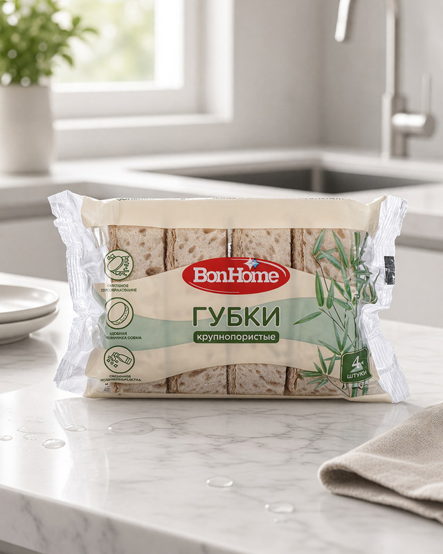 Губки крупнопористые, BonHome, 4 шт., в ассортименте