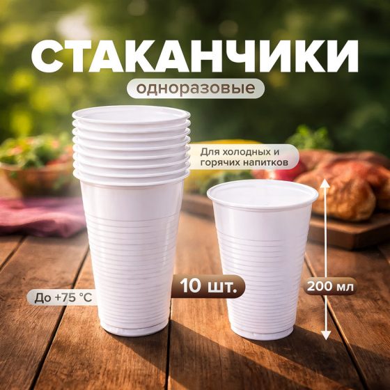 Стакан одноразовый, 200 мл, 10 шт., в ассортименте