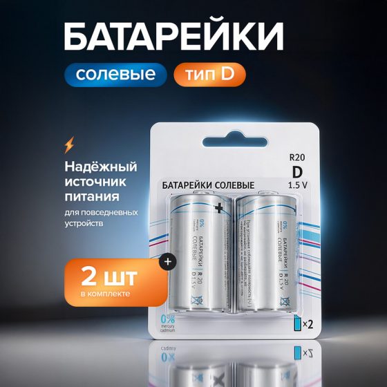 Батарейка солевая, тип D, 2 шт.