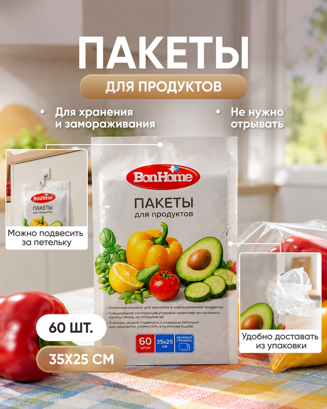 Пакеты для продуктов, BonHome, 35×25 см, 60 шт., в ассортименте