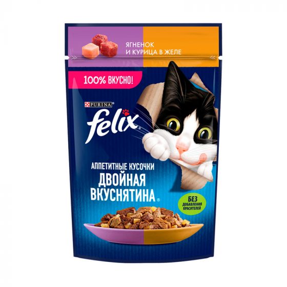 Влажный корм для кошек «Двойная вкуснятина», FELIX, с ягненком и курицей в желе, 75 г