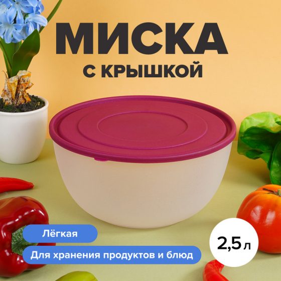 Миска с крышкой, Уника Пласт, 2,5 л, в ассортименте