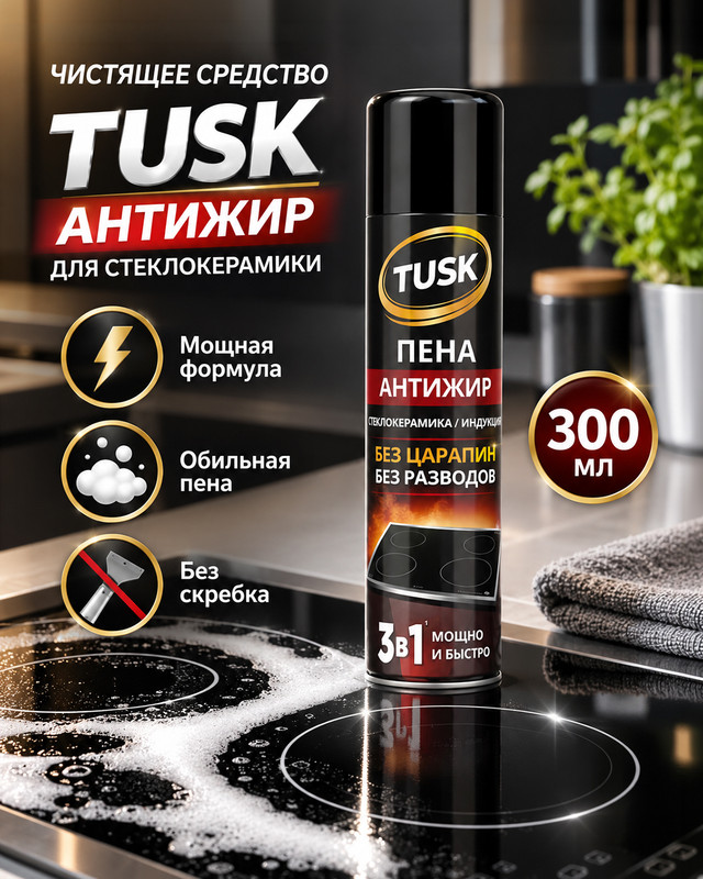 Чистящее средство для стеклокерамики «Пена-антижир», Tusk, 300 мл