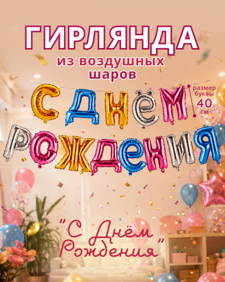 Гирлянда из воздушных шаров «С днём рождения», Party, в ассортименте