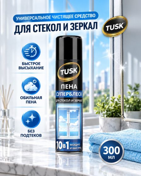 Чистящее средство для стёкол и зеркал «Пена-суперблеск», Tusk, 300 мл
