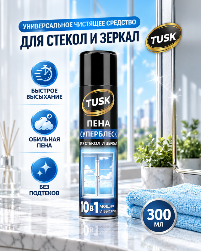 Чистящее средство для стёкол и зеркал «Пена-суперблеск», Tusk, 300 мл