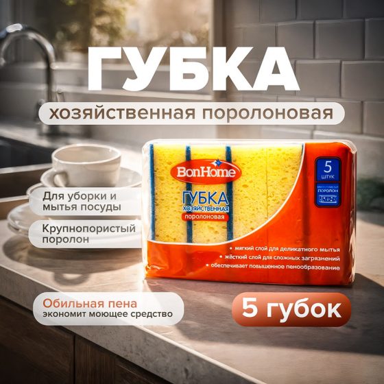 Губка хозяйственная поролоновая, BonHome, 5 шт.
