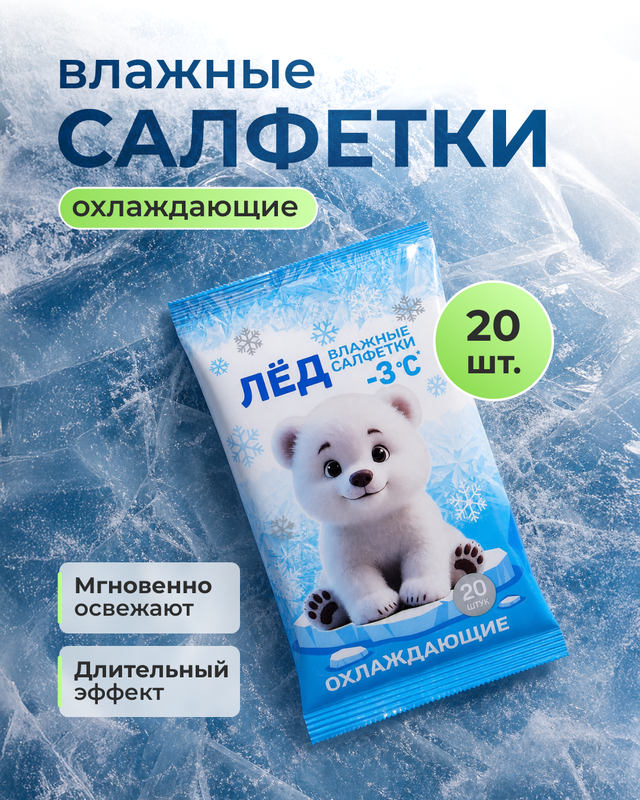 Влажные салфетки «ЛЁД», охлаждающие, 20 шт.
