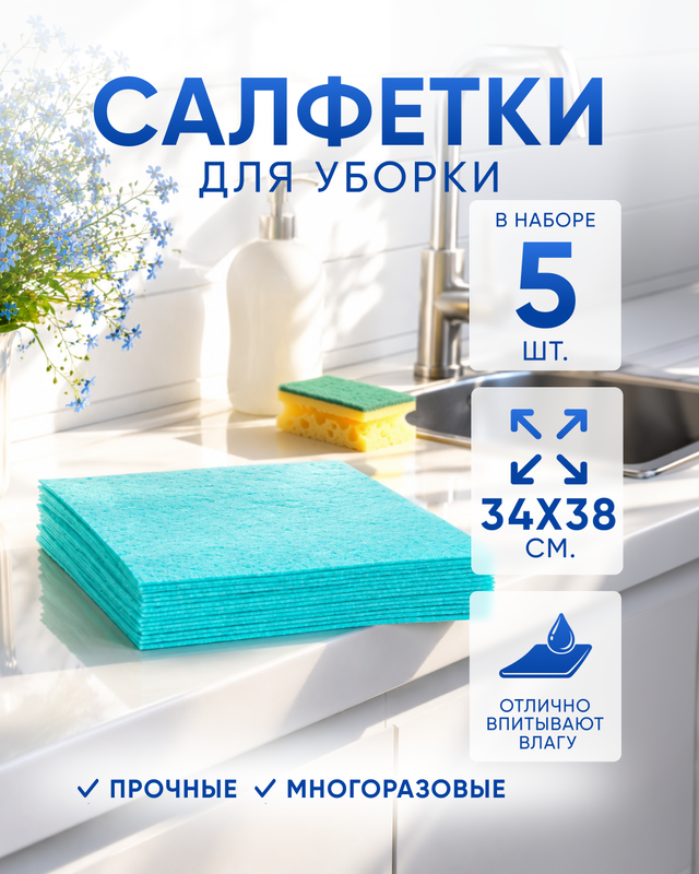 Салфетки универсальные, BonHome, 34х38 см, 5 шт., в ассортименте
