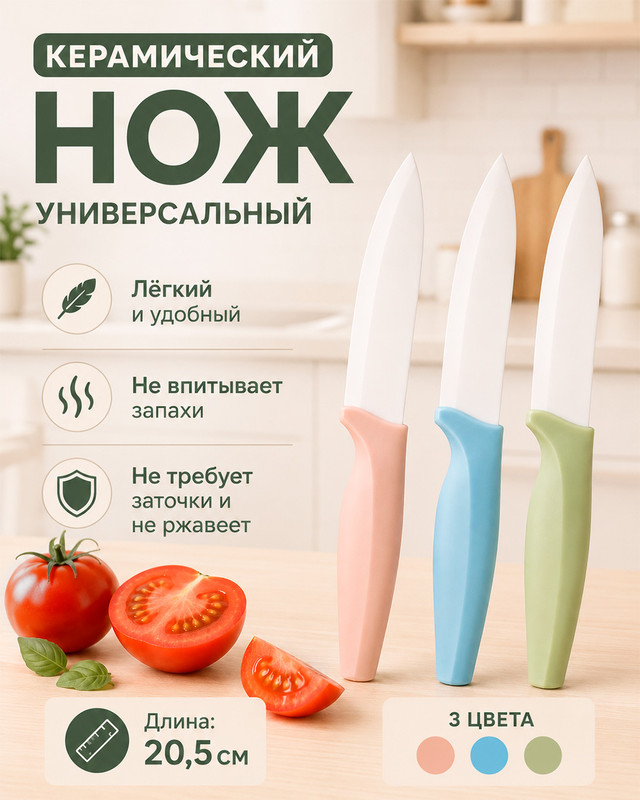Нож керамический, O’Kitchen, 20,5 см, в ассортименте