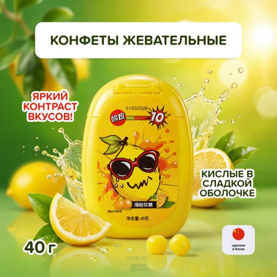 Конфеты жевательные кислые в сладкой оболочке, 40 г, в ассортименте