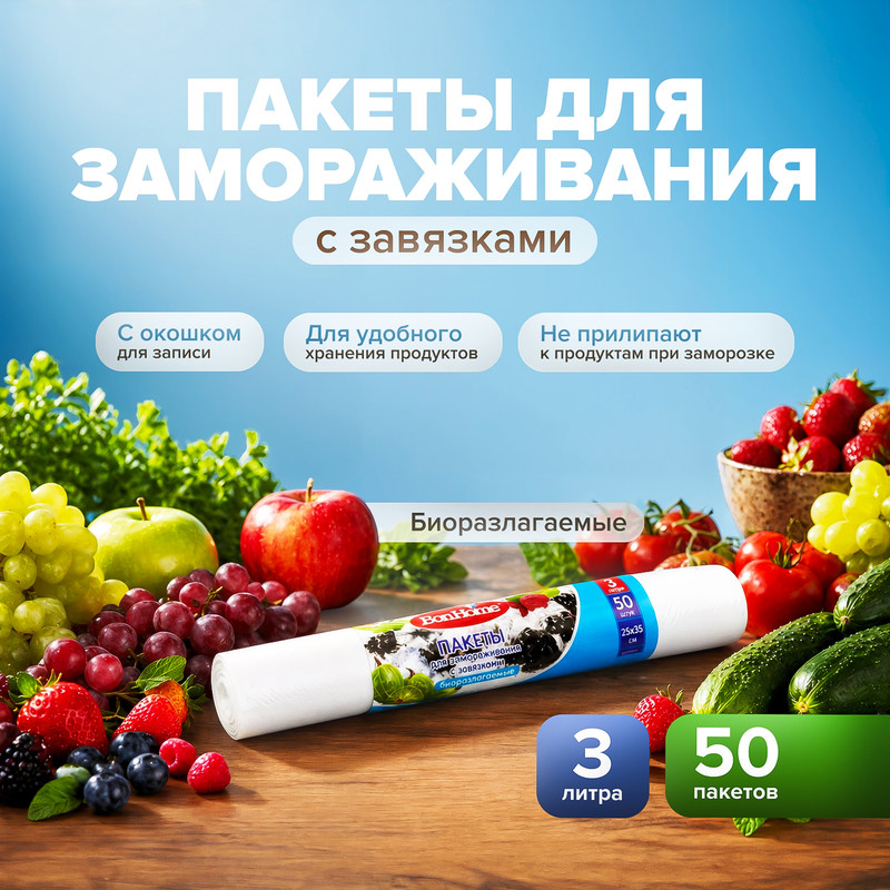 Пакеты для замораживания с завязками, BonHome, 3 л, 50 шт.