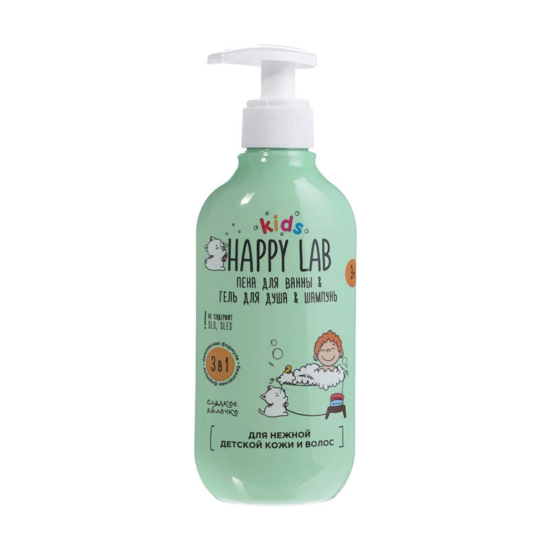 Средство для купания, HAPPY LAB KIDS, 3 в 1, 300 мл, в ассортименте