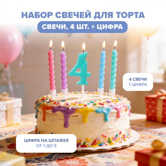 Набор свечей для торта, PARTY, 4 свечи + цифра, в ассортименте
