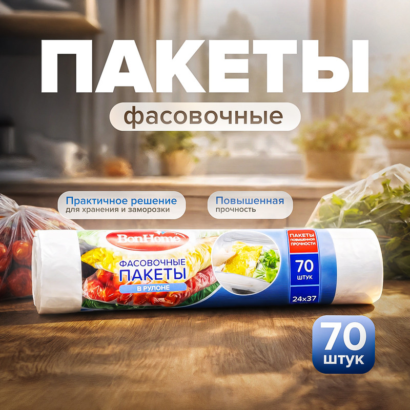 Пакеты фасовочные в рулоне, BonHome, повышенной прочности, 24х37 см, 70 шт.