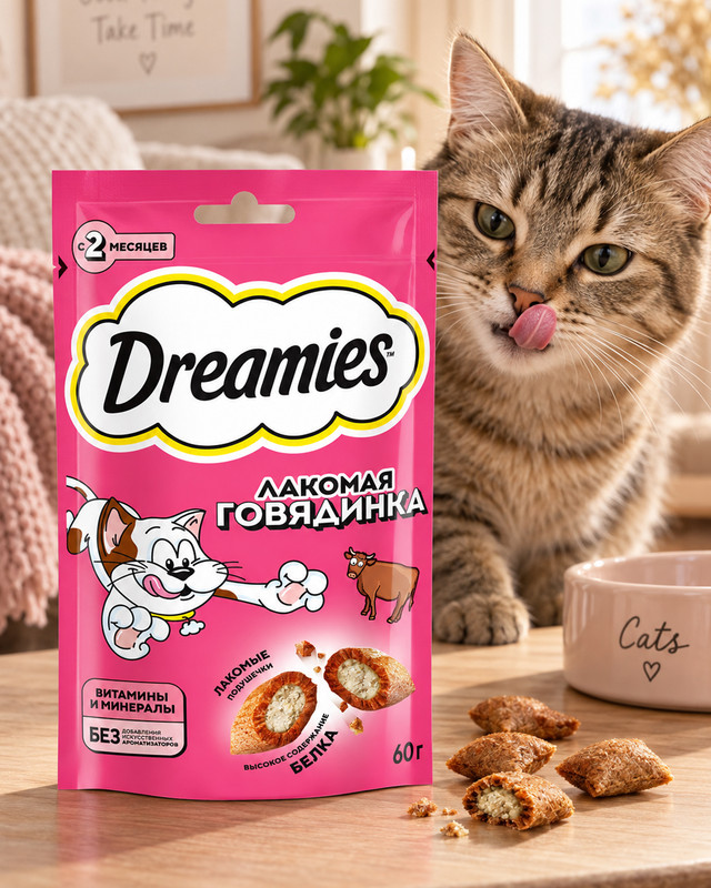 Лакомство для кошек, Dreamies, с говядиной, 60 г