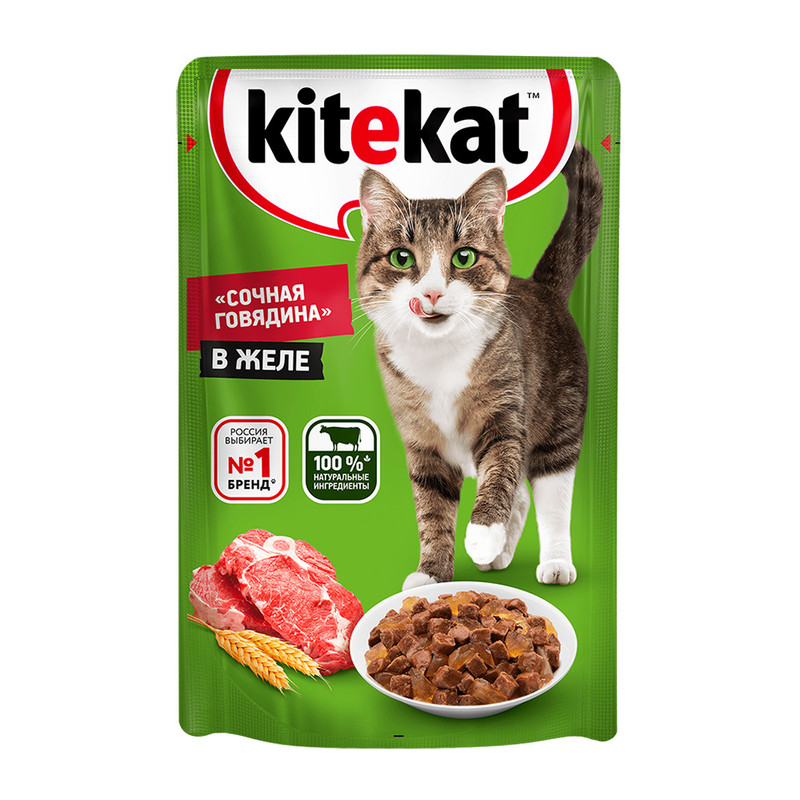Влажный корм для кошек, Kitekat, говядина в желе, 85 г