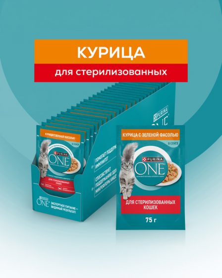 Влажный корм для стерилизованных кошек и кастрированных котов, PURINA ONE, курица и зелёная фасоль