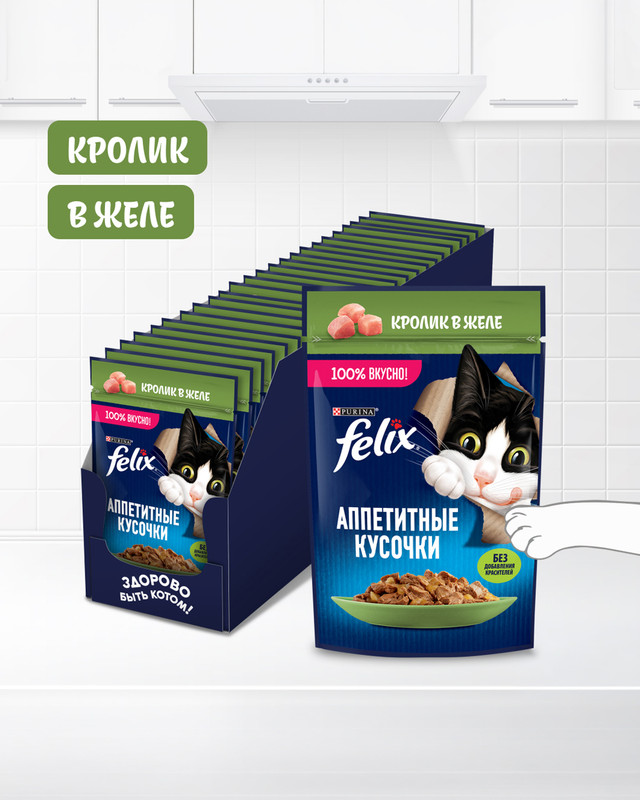 Влажный корм для взрослых кошек «Аппетитные кусочки», FELIX, с кроликом в желе, 75 г
