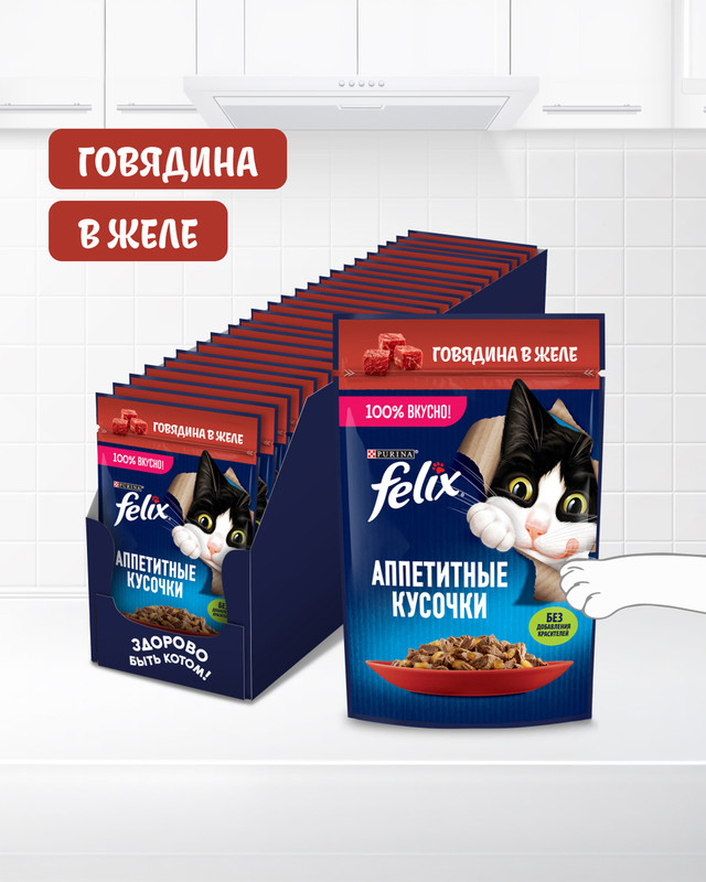 Влажный корм для взрослых кошек «Аппетитные кусочки», FELIX, с говядиной в желе, 75 г
