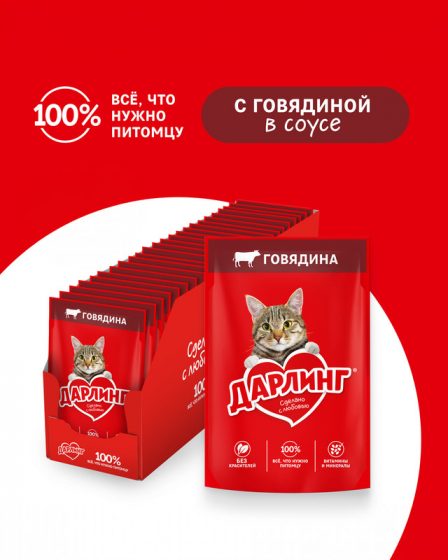 Влажный корм для взрослых кошек, ДАРЛИНГ, с говядиной в соусе, 75 г
